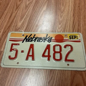 Vintage 1990 Nebraska License Plate 5-A 482 Red Sun - Picture 1 of 3