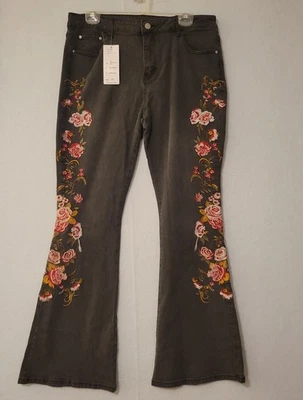 Women's Jeans Black w/ Floral Embroidery boot cut Jeans Size 16 NWT - Image 1 of 4
