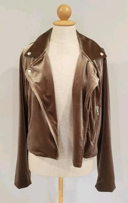 Chaqueta de moto de terciopelo en blanco NYC talla mediana bolsillos con cremallera manga larga marrón cremallera completa Foto 1 de 4