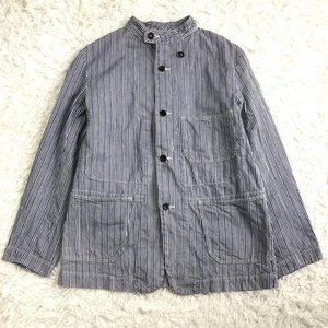 45R / 45rpm Cotton Hickory Denim Jacket Band Collar Striped Blue Exc cond - Picture 1 of 10