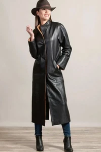Women's Black Leather Long Trench Coat Pure Sheepskin Casual Out Wear Long Coat - Picture 1 of 6