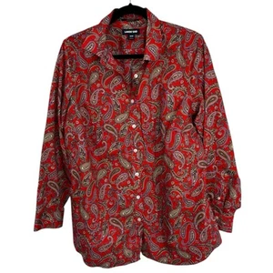 Lands End Paisley Button Up Shirt Women size 18W Red Multi Cotton Long Sleeves - Picture 1 of 9
