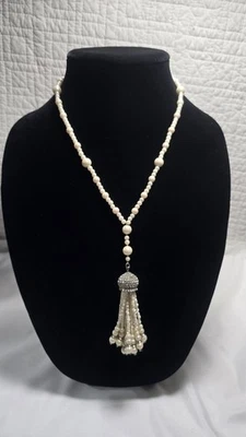 Vintage Carolee Faux Pearl Necklace Tassel Lariat Pave  Rhinestones Fringe 30" - Image 1 of 4