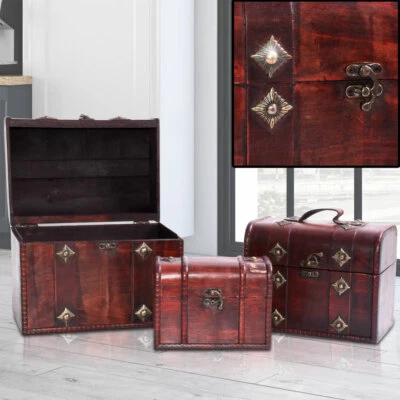 HARMS 3er Set Deko Schatz Holz Truhen Schmuck Aufbewahrung Kisten ineinander stapelbar