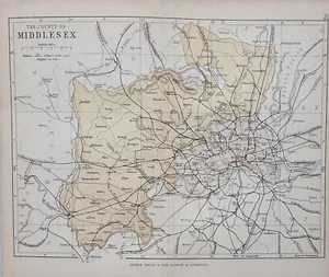 Mapa Middlesex 1877. Inglaterra. Antiguo. Brentford, Finchley, Ealing y Tottenham. - Imagen 1 de 5