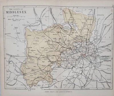 Mapa Middlesex 1877. Inglaterra. Antiguo. Brentford, Finchley, Ealing y Tottenham. Foto 1 de 4