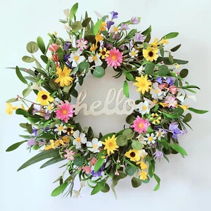 Spring Wreaths for Front Door, 22 Inch Eucalyptus Wreath with Hello Sign, Colorf - Picture 1 of 6