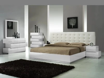 Modern Luxury 6Pc King Size Bedroom Set White Lacquer Unique Bedroom Furniture - Image 1 of 4