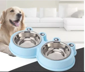 Pet Double Bowls, Dog Puppy Twin Steel Bowls, Animal Cat Food Water Feeding Dish - Picture 1 of 14