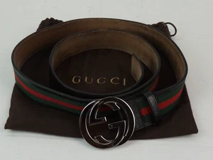 Gucci Web Green Red Canvas Leather Interlocking G Buckle Belt Size 44 - Picture 1 of 6