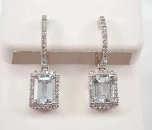 2.50Ct Emerald Lab-Created Aquamarine Drop/Dangle Earrings 14K White Gold Plated - Picture 1 of 6