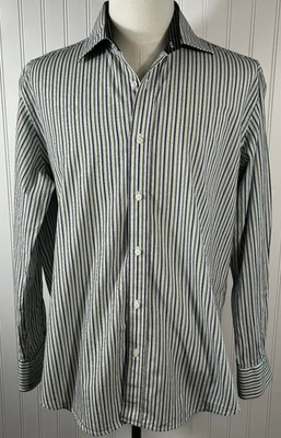BRISTOL & BULL-Long Sleeve Mens White Blue/Green Stripe Flipp Cuff Shirt- SIZE L - Image 1 of 4