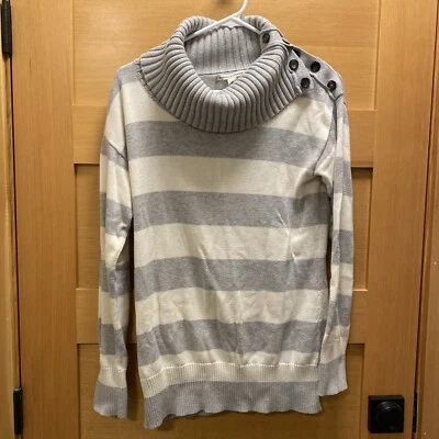 Suéter Banana Republic Mujer Gris Medio Rayas Botón Cuello Tejido Algodón Foto 1 de 4