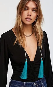 Free People Shimmer Stone Tassel Wrap Fringe Necklace By Nakamol Teal $48  Boho - Picture 1 of 9