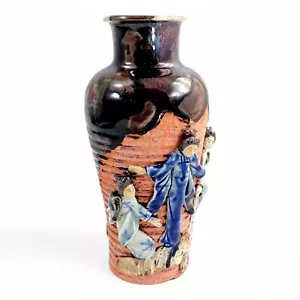Rare Sumida Gawa Vase Signé Hiroshi – Japonais Meiji Relief Pottery Avec Figures - Picture 1 of 13