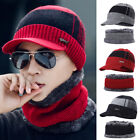 Mens Fleece Lined Beanie Knitted Caps &Scarf Fashion Warm Ski Winter Hat Outdoor