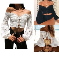 Women Cold Shoulder Slim Fit T Shirt Ladies Casual Plain Long Sleeve Blouse Tops