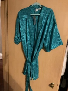 Vintage 90s Teal Kimono Short Robe Silky Satin 2X - Picture 1 of 4