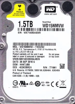 WD15NMVW-11EDZS2 dcm: HHKTJBB s/n: WX71..  WD 1.5TB  2.5"  USB 3.0  B15-4 - Image 1 of 3