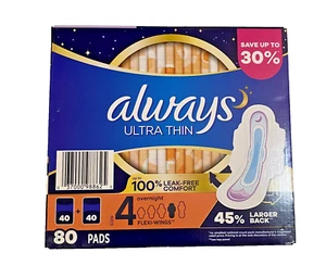 Always Ultra Thin Unscented Overnight Pads with Flexi-Wings Size 4 80 Count - Picture 1 of 5