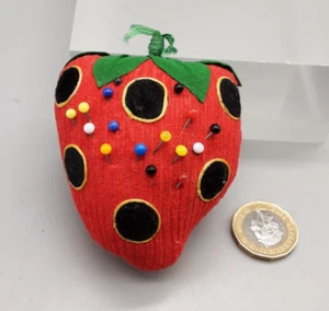 Vintage Strawberry Shape Fabric Pin Cushion with Pins - 7.5cm Tall Approx - Picture 1 of 4