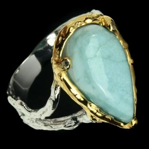 Organic Handmade Prong Set Larimar 2 Tone 14K on Sterling Silver Ring Size 9 - Picture 1 of 12