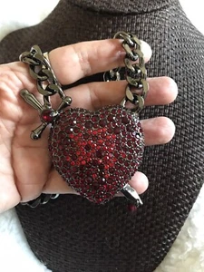 Betsey Johnson Large Red Pavé Heart & Dagger Necklace Reversible Goth $95 ret. - Picture 1 of 10