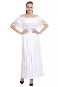 Women's Boho Lace Summer Floral Embroidery Off Shoulder Beach Long Maxi Dress - Picture 1 of 6
