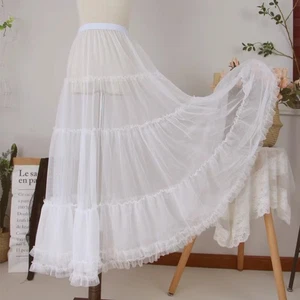 Women Lace Mesh Skirt Underskirt Petticoat Ruffles Sarong Half Slip A-line White - Picture 1 of 6