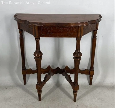 Mesa de acento de entrada con forma de media luna tallada en madera marrón jacobea Foto 1 de 4