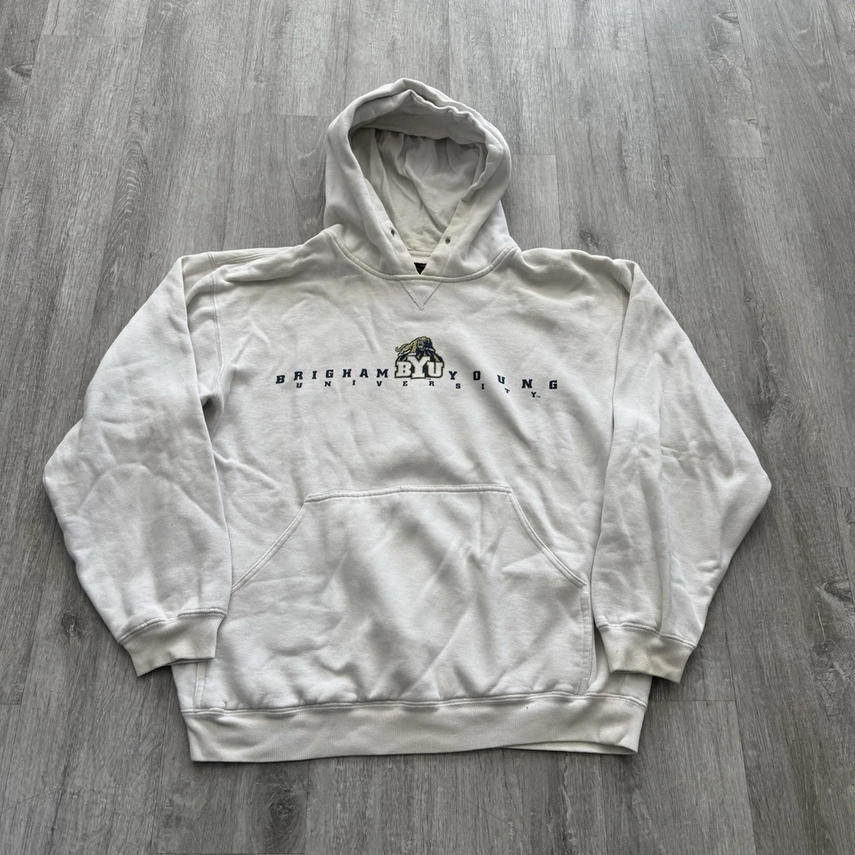 Sudadera con capucha vintage Brigham Young University Spellout NCAA Badger talla XS/S blanca Foto 1 de 4