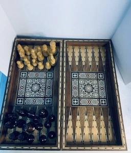 Scacchiera backgammon in legno mosaico vintage - Foto 1 di 11