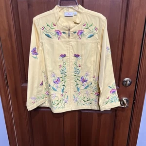 Quaker Factory Floral Embroidered Lightweight Light Yellow  Zip Up Jacket Size L - Picture 1 of 7