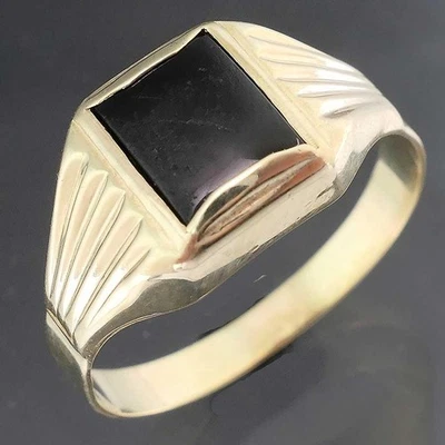 Italian Solid 9k Yellow GOLD MENS ONYX CABOCHON SIGNET RING Sz X 1/2 - image 1 of 4