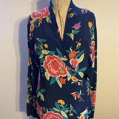 复古 20 世纪 80 年代 Norma Kamali 钢琴披肩 Trompe L’oeil 花卉印花长裙 M L — 第 1/4 张图片