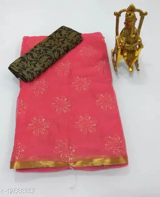Women's Jacquard Printed Chiffon Saree With Separate Blouse Piece - Image 1 of 1