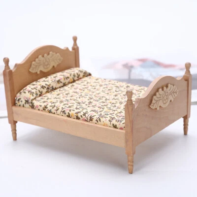 1:12 Scale Miniature Handmade Wooden Bed Dollhouse Bedroom Furniture Accessories - Image 1 of 4