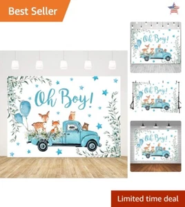 Woodland Theme Baby Shower Backdrop - Blue Truck Balloons & Cute Animals - 7x5ft - Picture 1 of 8