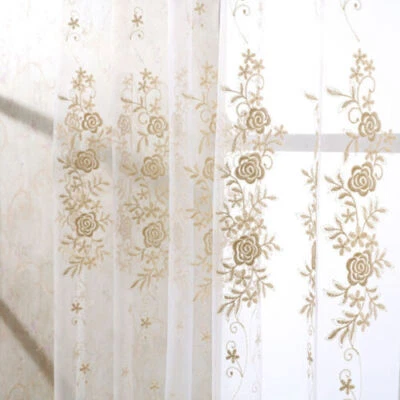 Elegant Embroidery Sheer Curtain Beige Tulle Room Voile Door Window Drape 63/84" - Image 1 of 4