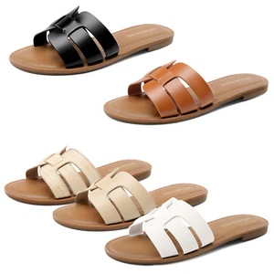 Women Slide Sandals Slip-on Open Round Toe Summer Vacation Beach Flat Sandals - Picture 1 of 37