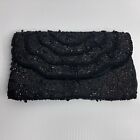 Vintage Beaded Sequin Clutch Black Handbag Made in Hong Kong 1950's