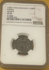 CYPRUS CRUSADER STATES 1/2 GROS HENRI II (1285-1324) FIRST REIGN LION NGC VF 35 - Picture 1 of 5