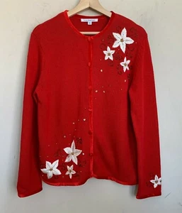 Mercer Street Studio Sweater Red Christmas Bead White Floral Buttons Size PL - Picture 1 of 11