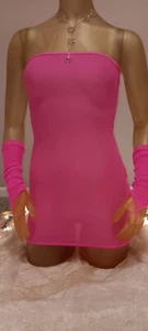Exotic Dancewear Sexy Mesh Mini Tube Dress w/arm Accessories Hot Pink Blacklight - Picture 1 of 3