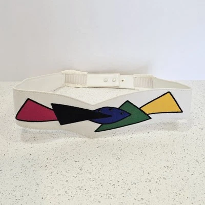 Women's M Vintage 1980s Abstract Print Fabric Adjustable Geometric Colorful Belt - Image 1 of 4