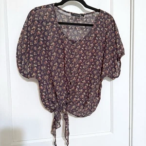 Forever21 Women's Size Medium Floral Tie Front Cropped Top Sheer Button Blouse - Picture 1 of 5