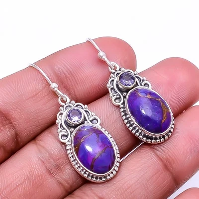 Copper Purple Turquoise & Purple Amethyst 925 Silver Bali Earring 1.56" E24 - Image 1 of 4