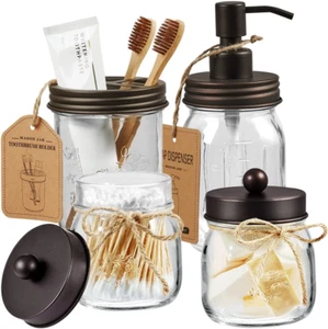 4 Pcs Mason Jar Bathroom Accessories Set - Rustic Farmhouse Bathroom Home Decor - Picture 1 of 9