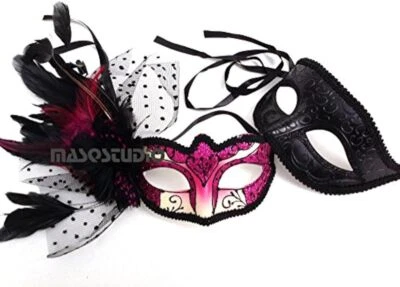 Couple Fuchsia Hot Pink Masquerade Ball Mask Pair Feather Birthday Party Prom - Image 1 of 4