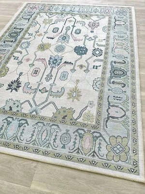 Кремово-зеленый ковер Oushak, современный, винтажный, турецкий, эклектичный, цветочный, пастельный, с... - Изображение 1 из 4